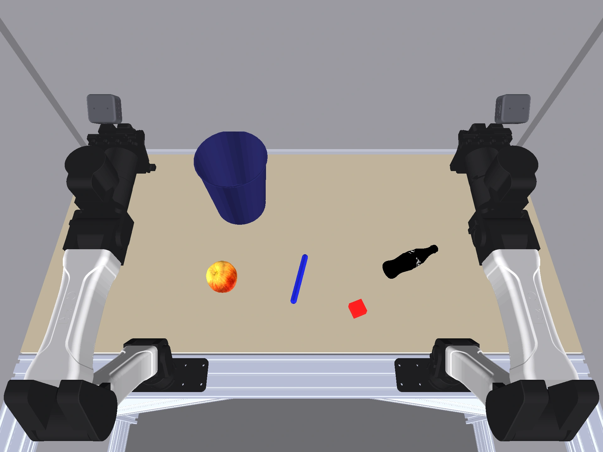 Original simulation scene with two robot arms and manipulation objects